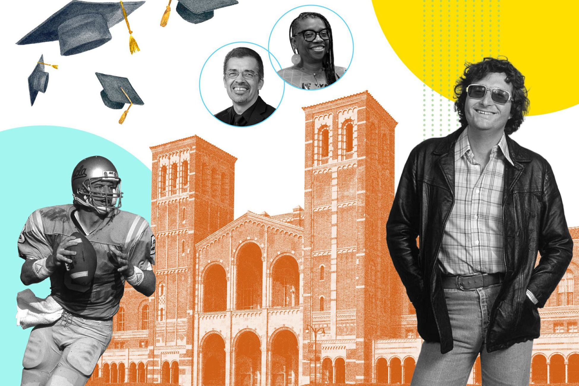 Collage of UCLA's Royce Hall, a football player, a man in sunglasses and leather jacket, and graduation caps, with colorful graphic elements